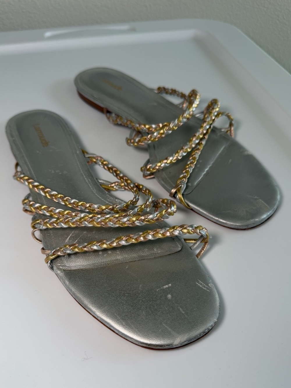Larroude Ibiza Metallic Braided Sandal
